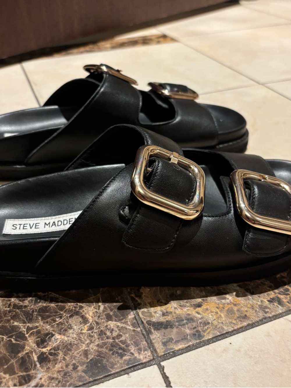 Steve Madden Black Slide Sandals with Gold Buckles - Picture 5 of 6
